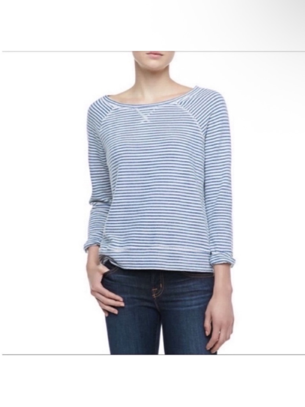 Soft Joie Emma sweater blue gray striped French terry